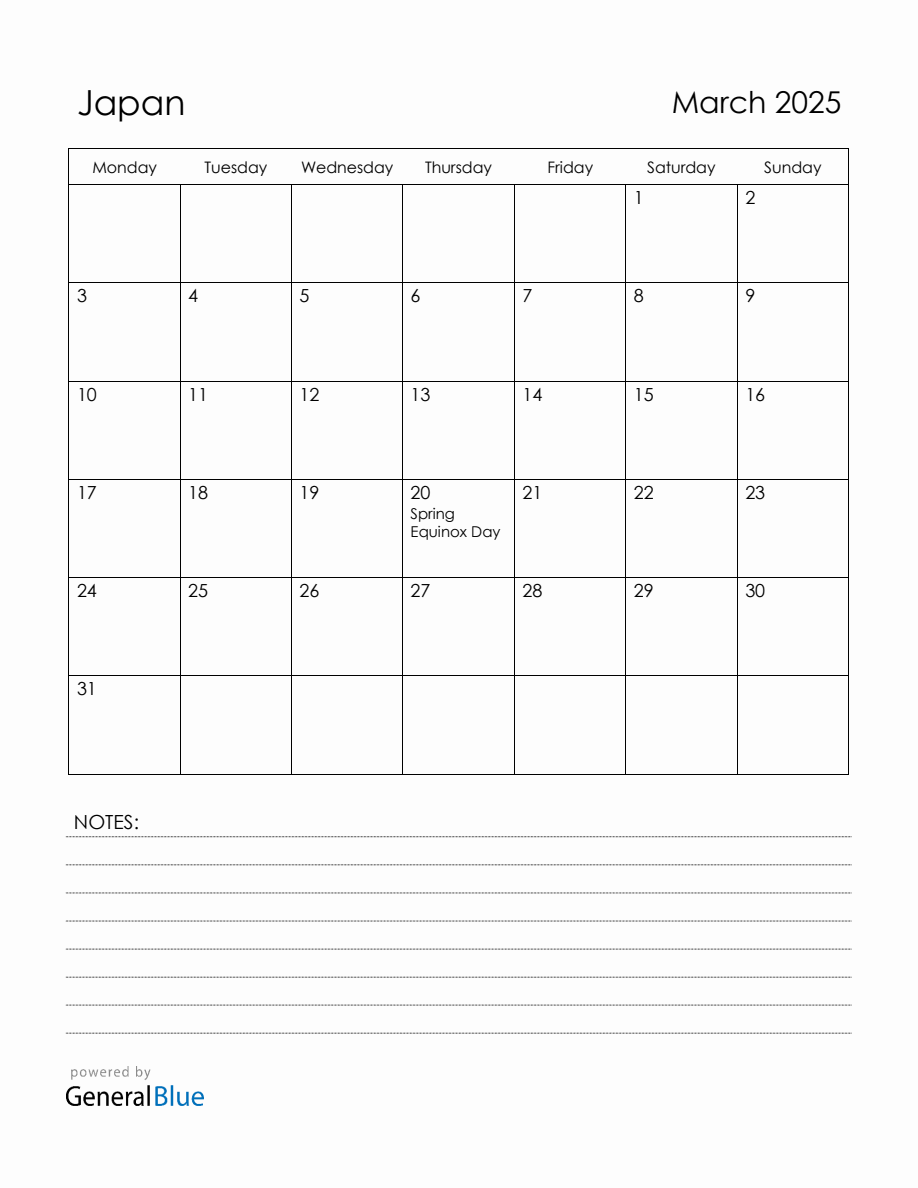 March 2025 Japan Calendar with Holidays