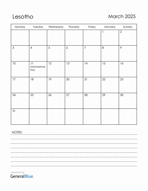 March 2025 Lesotho Calendar with Holidays (Monday Start)