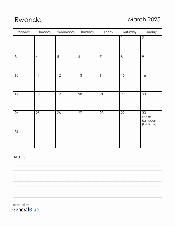 March 2025 Rwanda Calendar with Holidays (Monday Start)