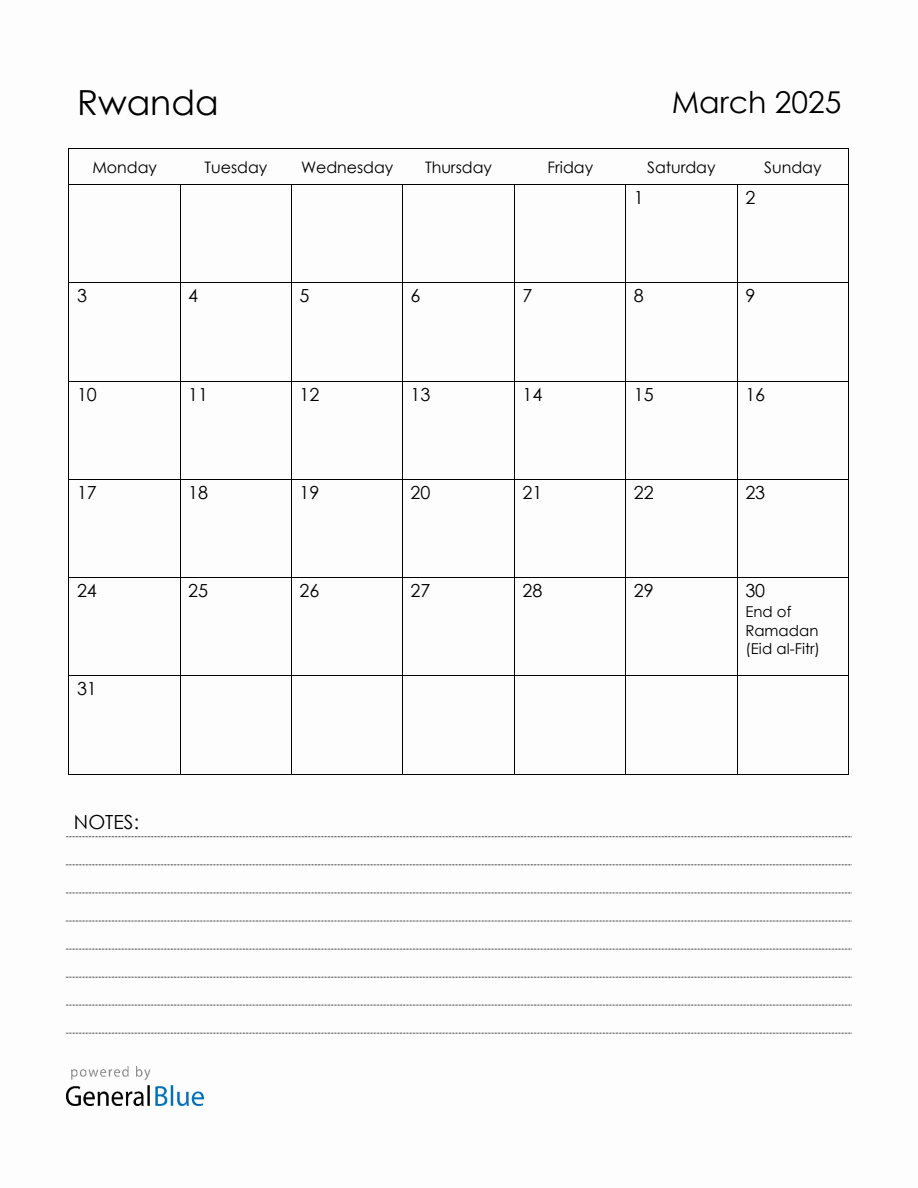 March 2025 Rwanda Calendar with Holidays
