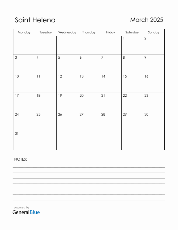 March 2025 Saint Helena Calendar with Holidays (Monday Start)