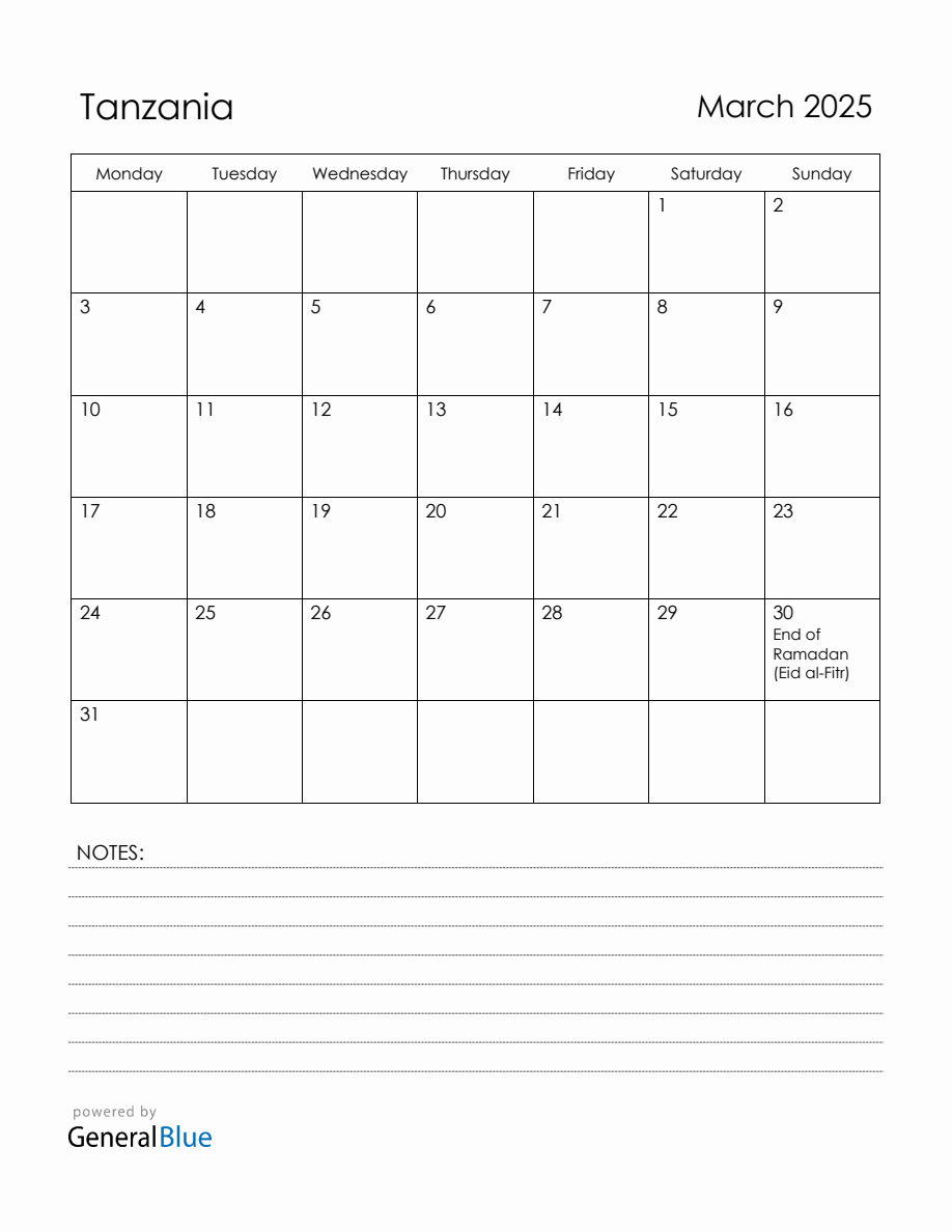 March 2025 Tanzania Calendar with Holidays