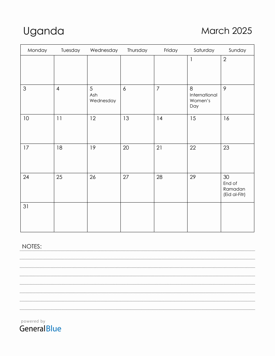 March 2025 Uganda Calendar with Holidays