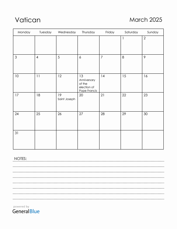 March 2025 Vatican Calendar with Holidays (Monday Start)