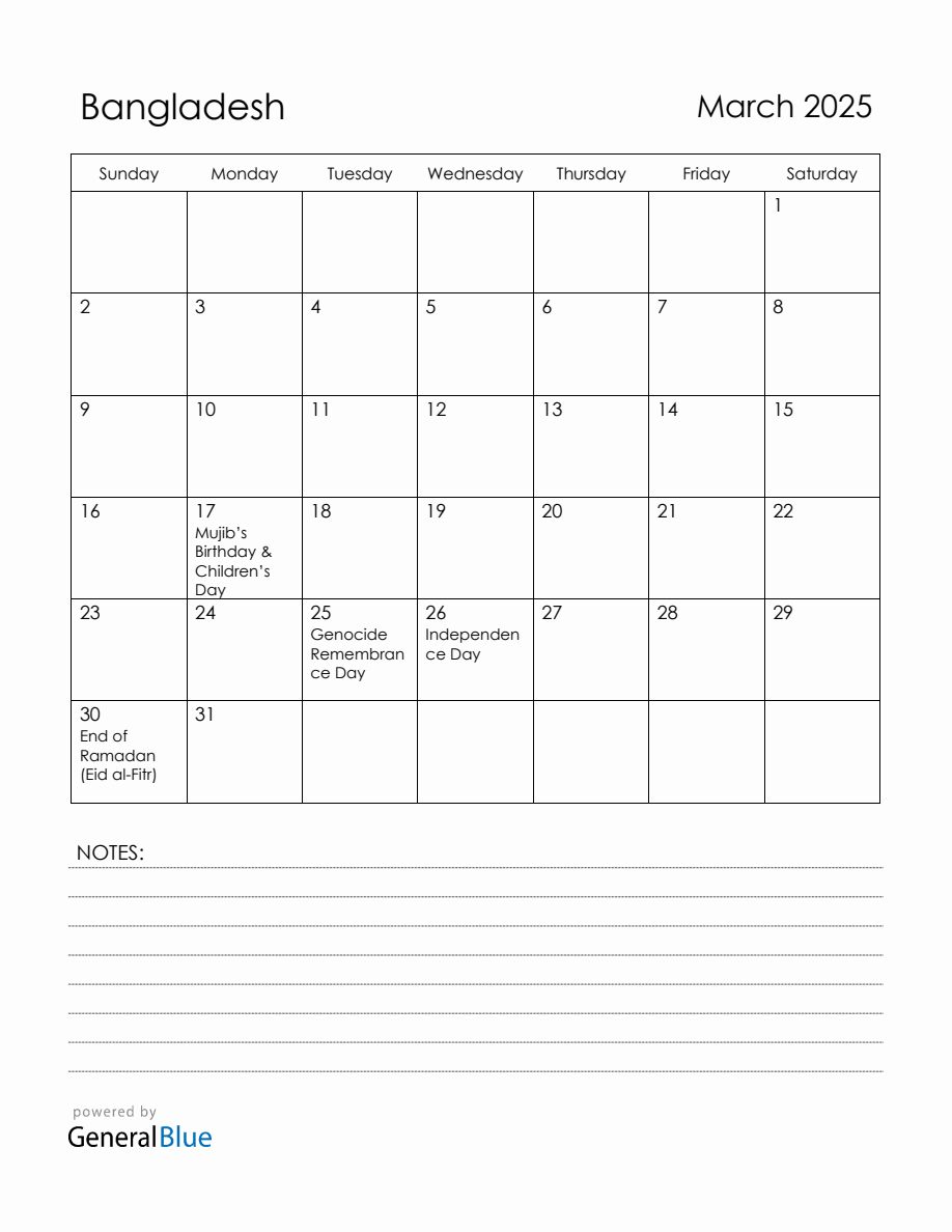 March 2025 Bangladesh Calendar with Holidays