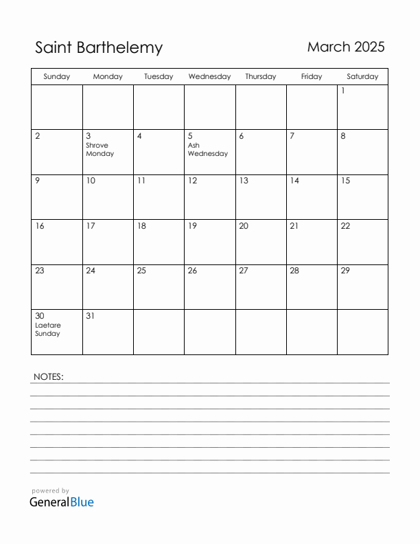 March 2025 Saint Barthelemy Calendar with Holidays (Sunday Start)