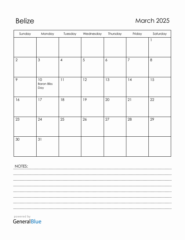 March 2025 Belize Calendar with Holidays (Sunday Start)