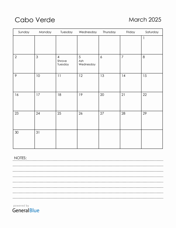 March 2025 Cabo Verde Calendar with Holidays (Sunday Start)