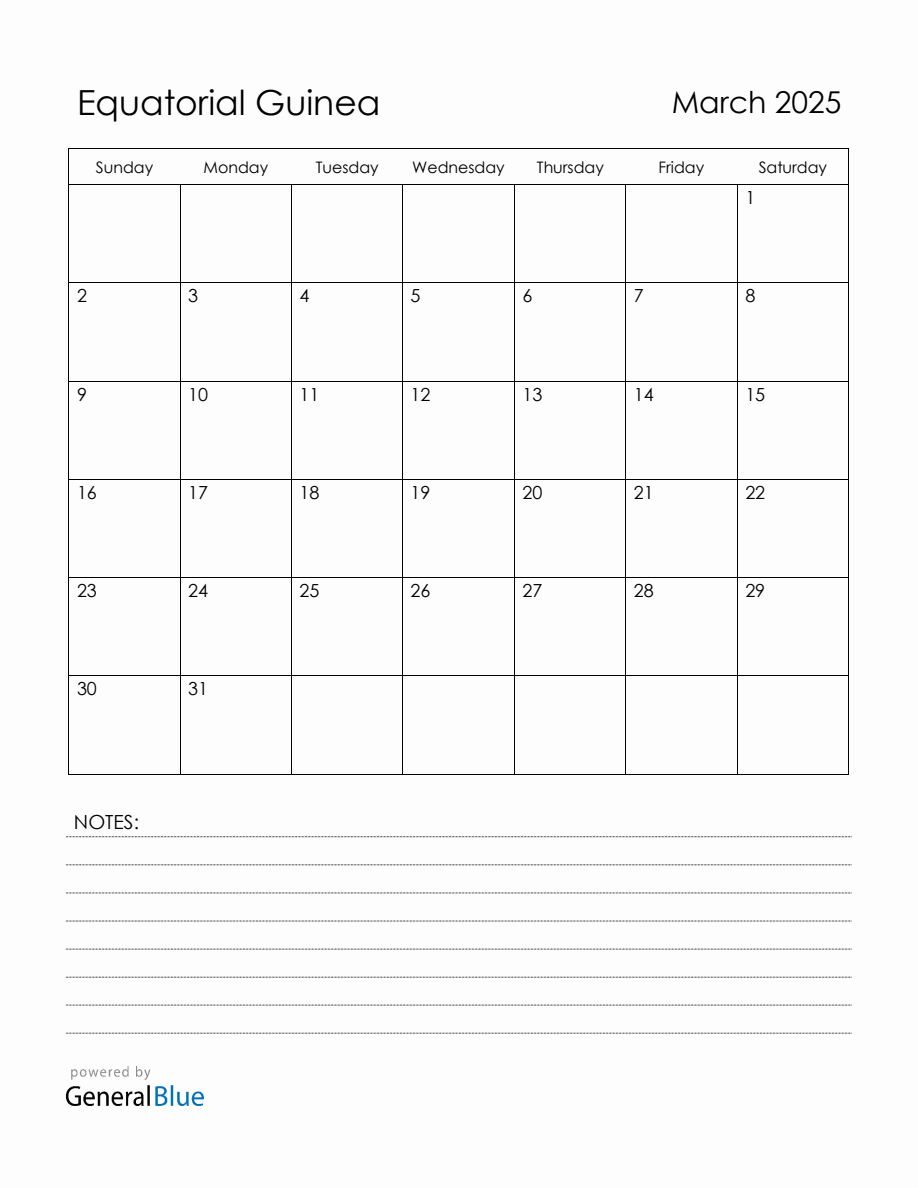 March 2025 Equatorial Guinea Calendar with Holidays