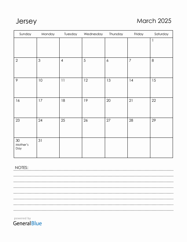 March 2025 Jersey Calendar with Holidays (Sunday Start)