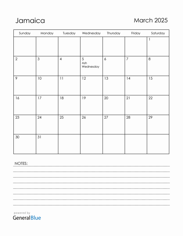 March 2025 Jamaica Calendar with Holidays (Sunday Start)