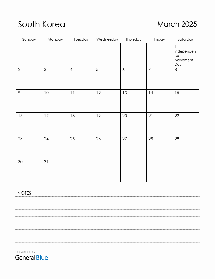 March 2025 South Korea Calendar with Holidays