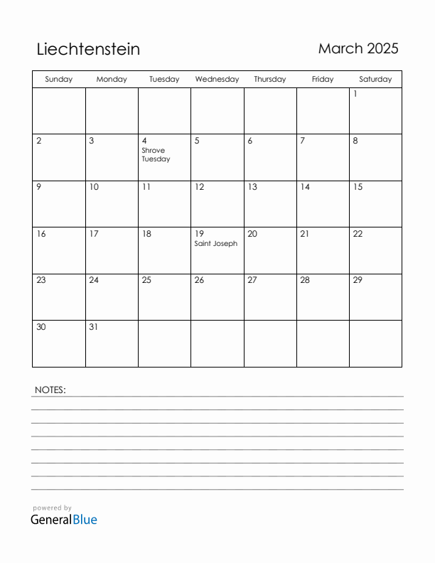 March 2025 Liechtenstein Calendar with Holidays (Sunday Start)