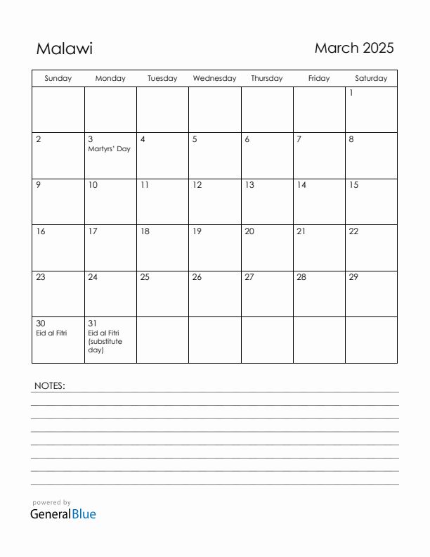 March 2025 Malawi Calendar with Holidays (Sunday Start)