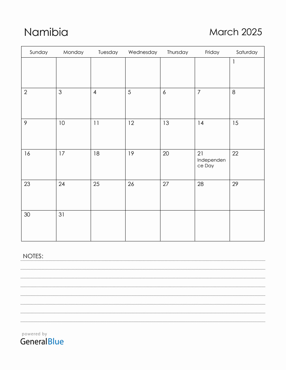 March 2025 Namibia Calendar with Holidays