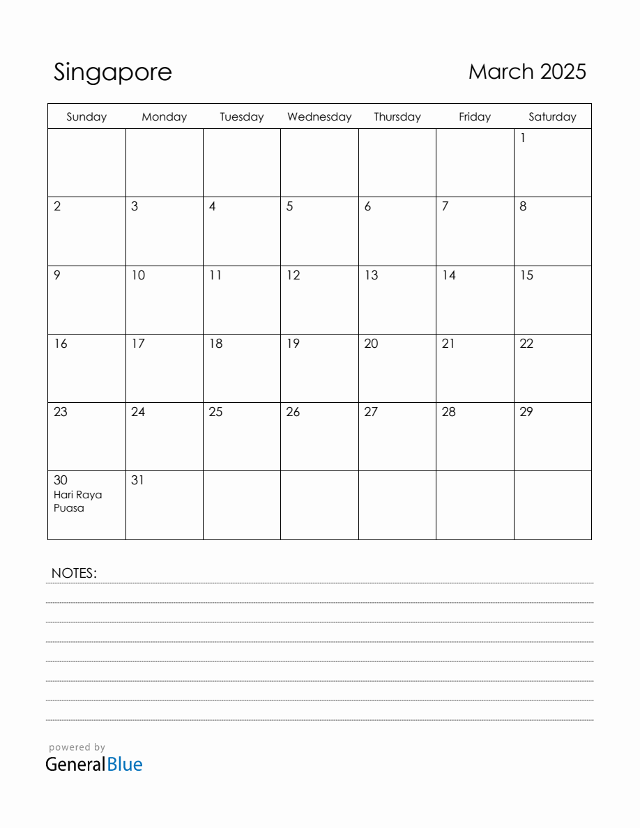 March 2025 Singapore Calendar with Holidays