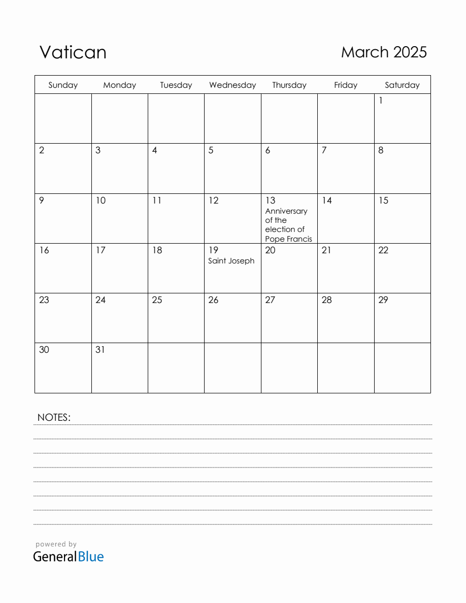 March 2025 Vatican Calendar with Holidays