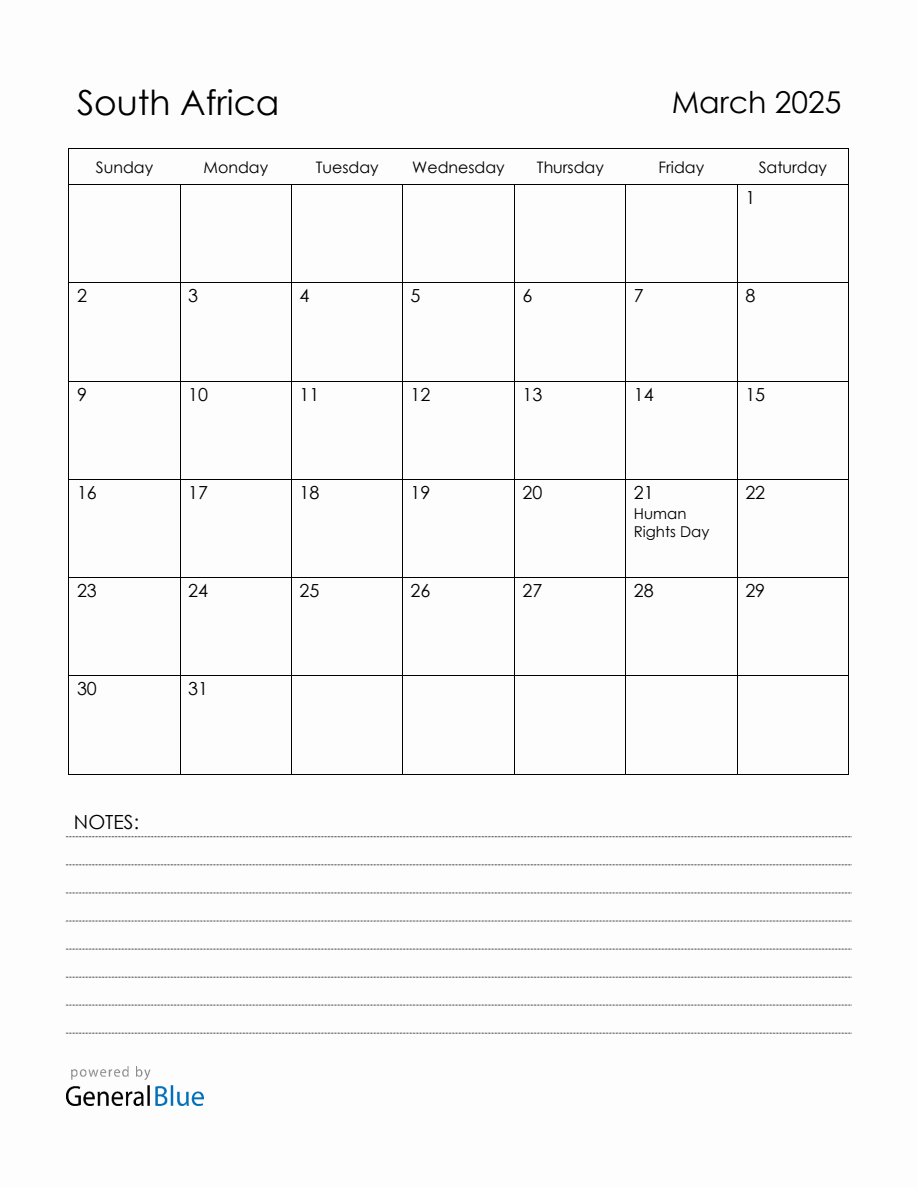 March 2025 South Africa Calendar with Holidays