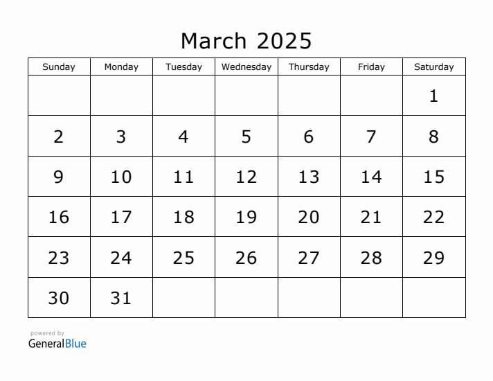 Printable March 2025 Calendar - Sunday Start