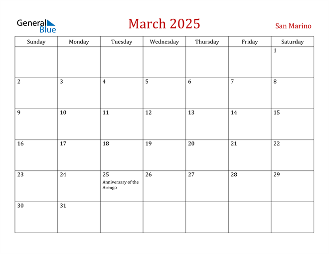 March 2025 Calendar with San Marino Holidays