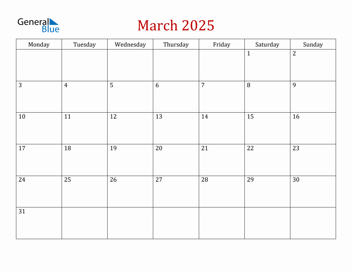 March 2025 Calendar Printable Monday Start And End