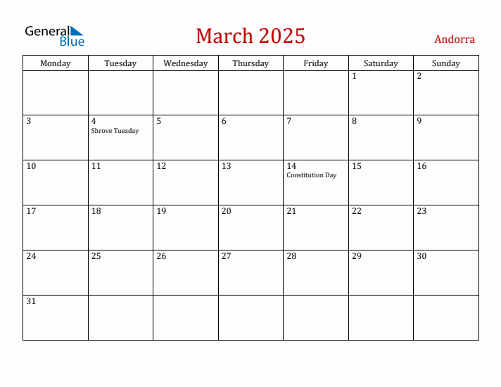 Andorra March 2025 Calendar - Monday Start