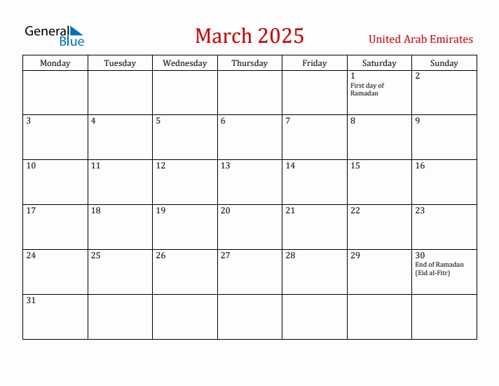 United Arab Emirates March 2025 Calendar - Monday Start