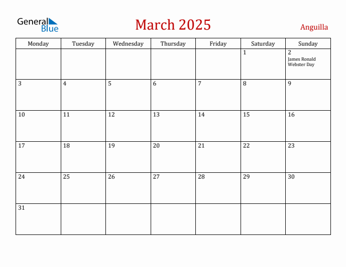Anguilla March 2025 Calendar - Monday Start