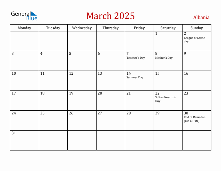 Albania March 2025 Calendar - Monday Start