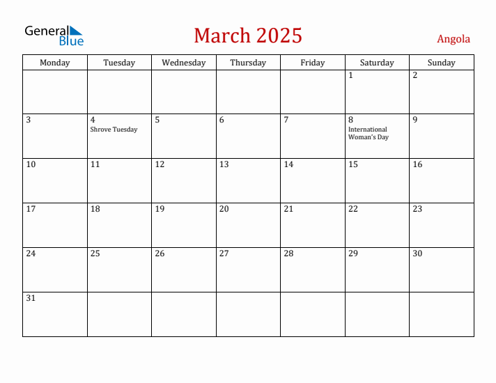 Angola March 2025 Calendar - Monday Start