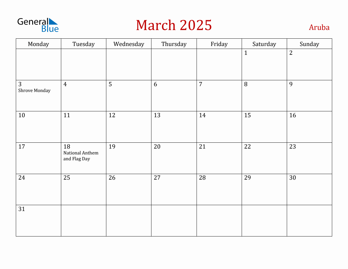 March 2025 Aruba Monthly Calendar with Holidays