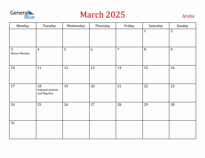 Aruba March 2025 Calendar - Monday Start