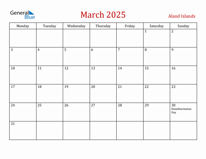 Aland Islands March 2025 Calendar - Monday Start