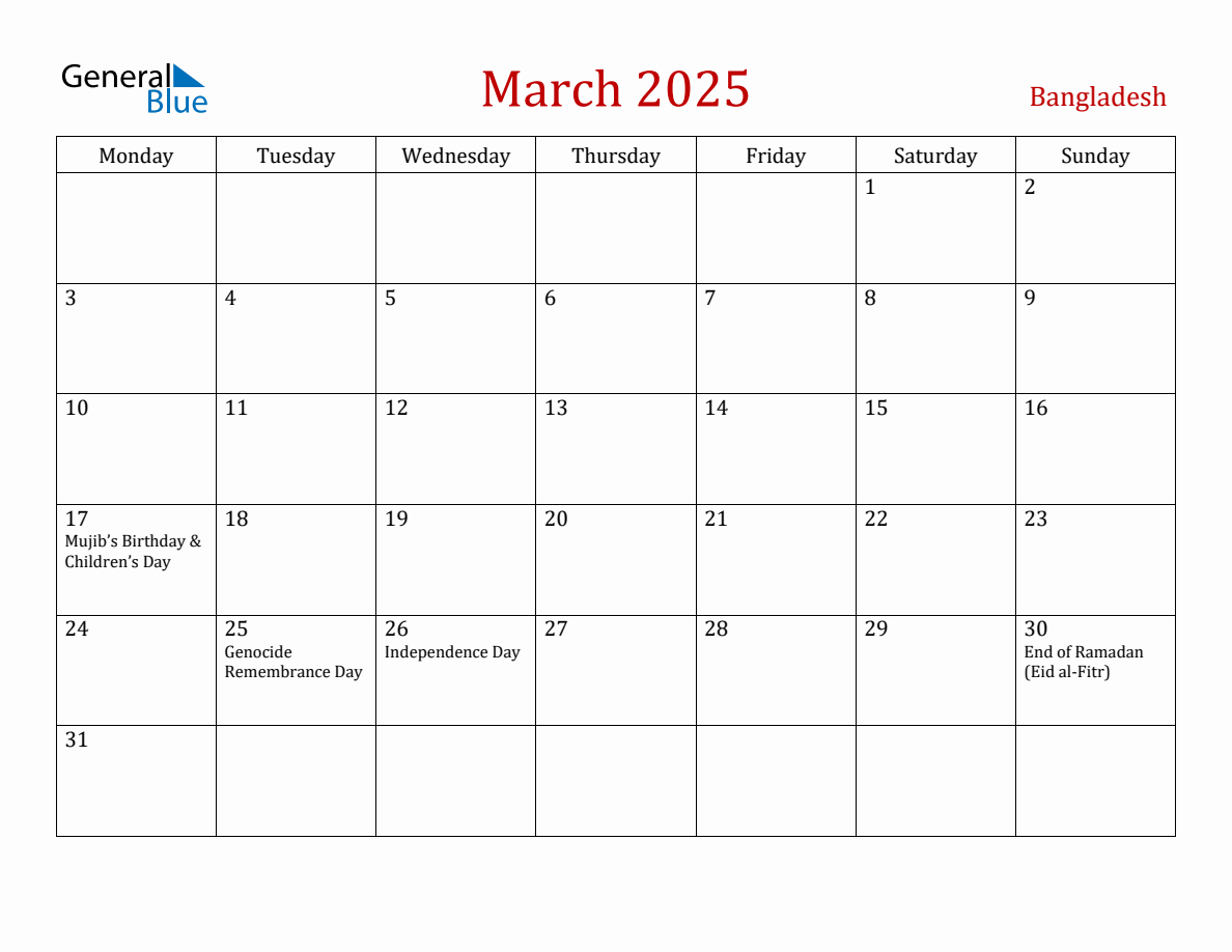 March 2025 Bangladesh Monthly Calendar with Holidays