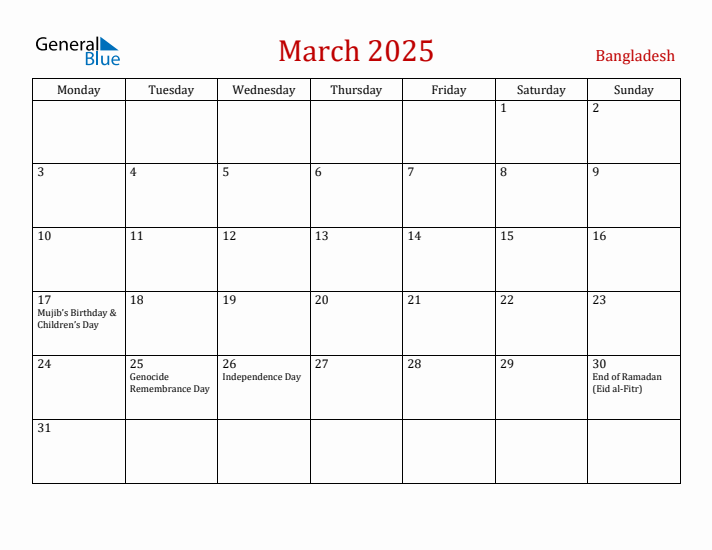 Bangladesh March 2025 Calendar - Monday Start