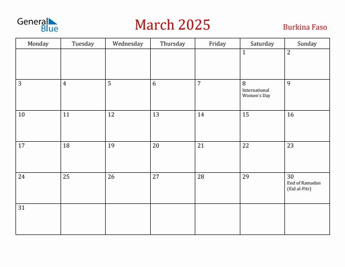 Burkina Faso March 2025 Calendar - Monday Start