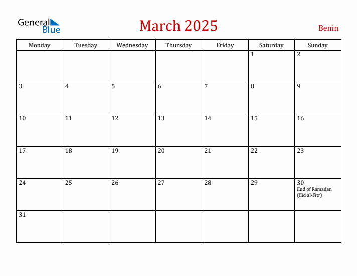 Benin March 2025 Calendar - Monday Start