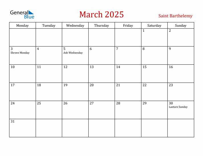 Saint Barthelemy March 2025 Calendar - Monday Start