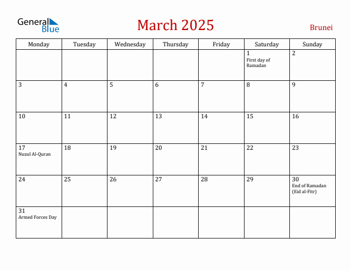 Brunei March 2025 Calendar - Monday Start