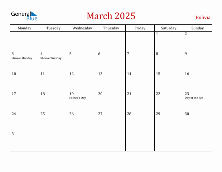 Bolivia March 2025 Calendar - Monday Start