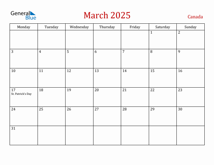 Canada March 2025 Calendar - Monday Start