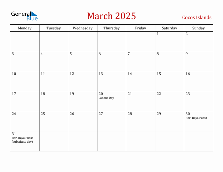 Cocos Islands March 2025 Calendar - Monday Start