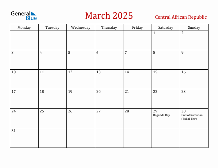 Central African Republic March 2025 Calendar - Monday Start