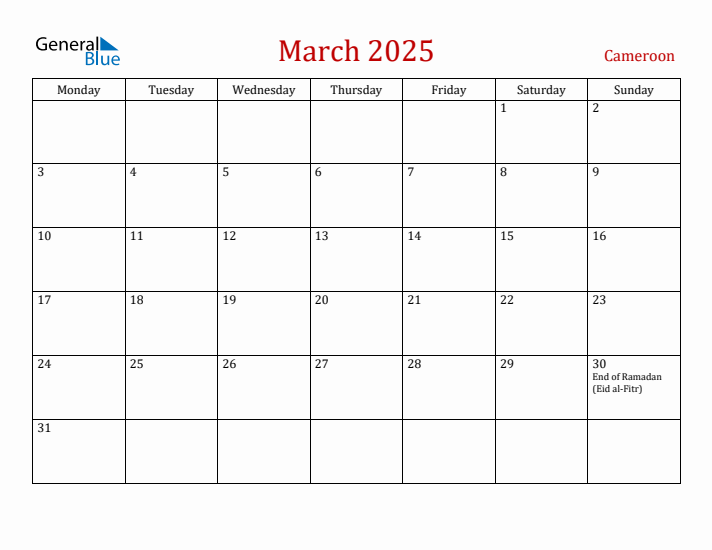 Cameroon March 2025 Calendar - Monday Start