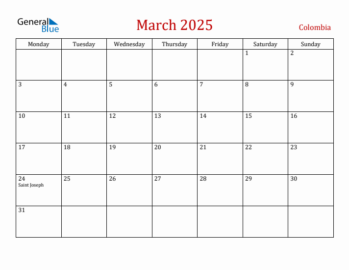 Colombia March 2025 Calendar - Monday Start