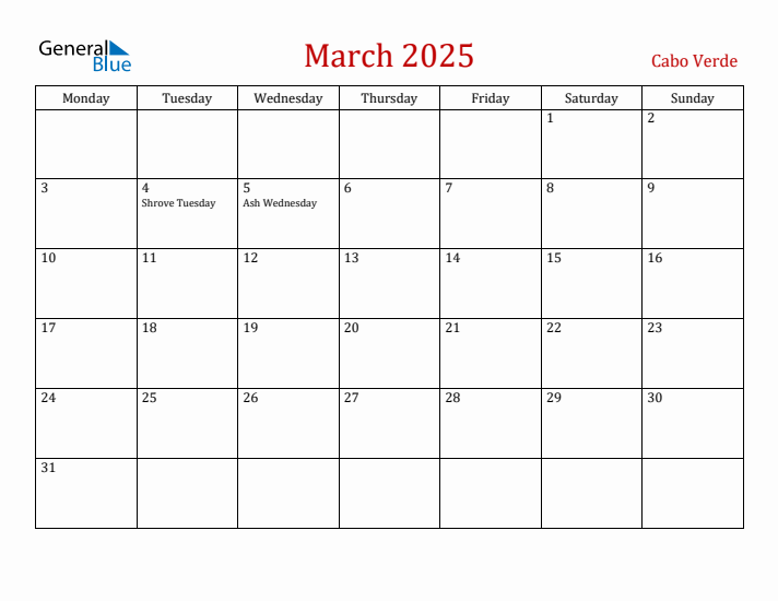 Cabo Verde March 2025 Calendar - Monday Start