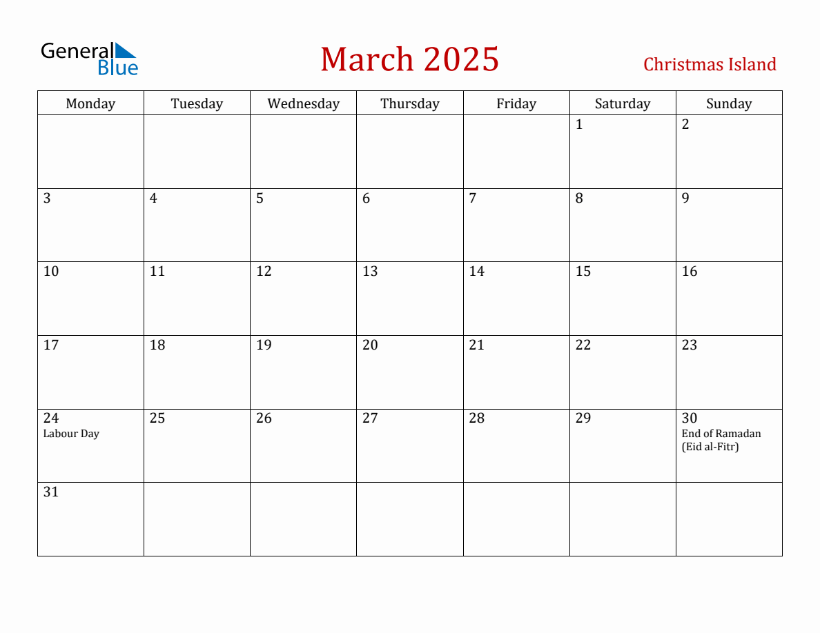 March 2025 Christmas Island Monthly Calendar with Holidays