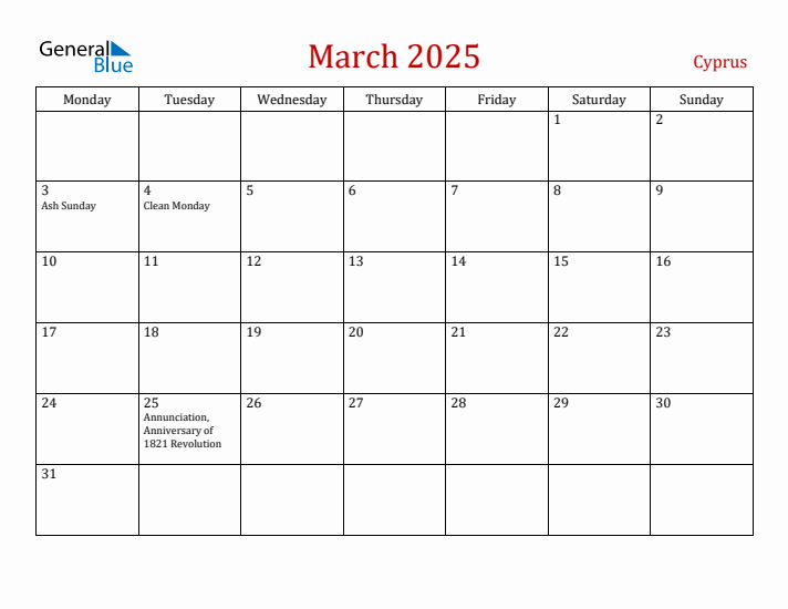 Cyprus March 2025 Calendar - Monday Start