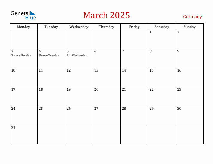 Germany March 2025 Calendar - Monday Start
