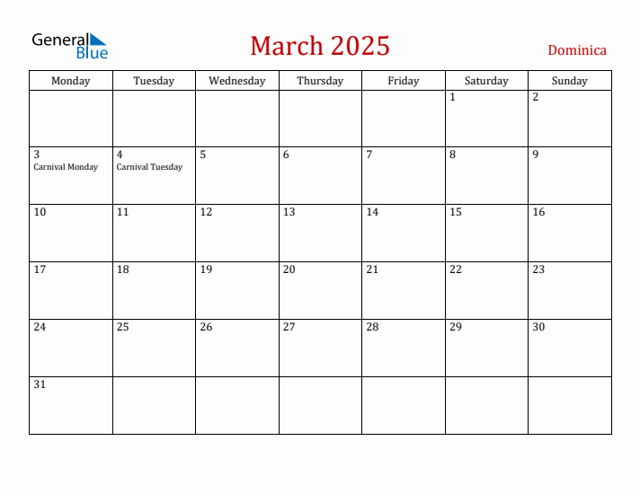 Dominica March 2025 Calendar - Monday Start
